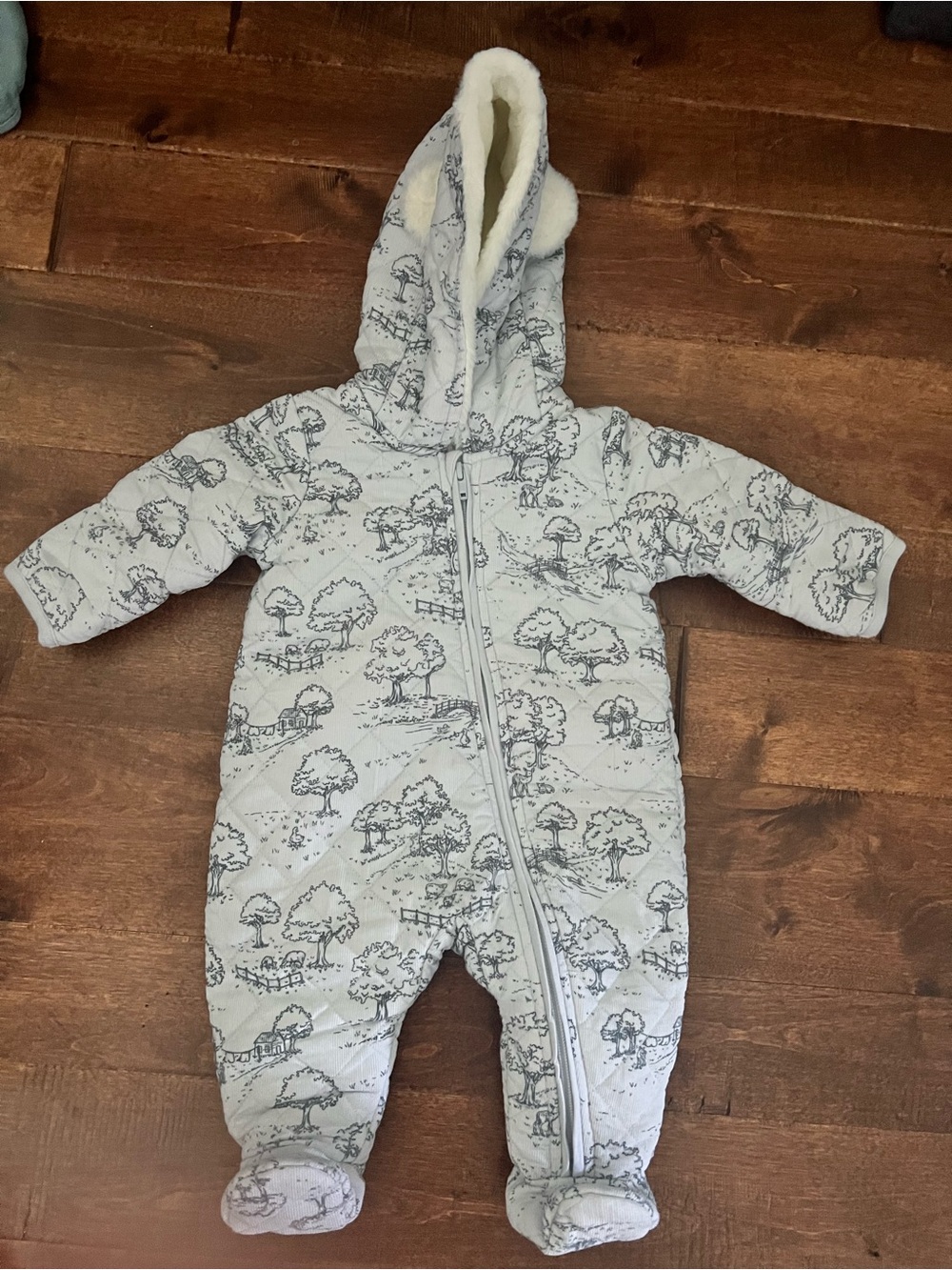 Nordstrom Light Gray Hooded Ear Faux Fur Quilted Baby Bunting One-Piece